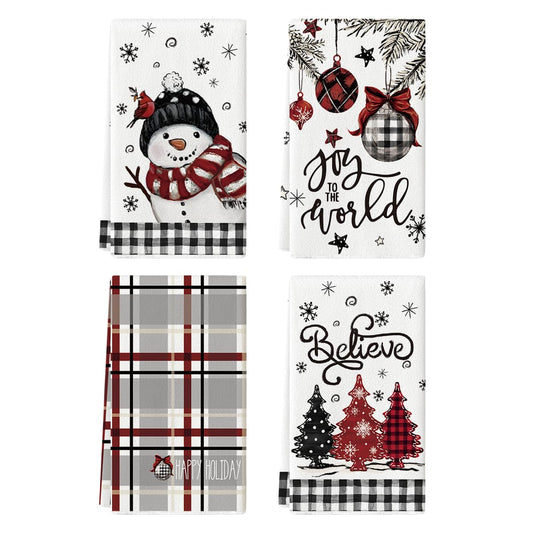 Black Red Xmas Tree Snowman Christmas Kitchen Towels Dish Towels, 18x26 Inch Holiday Believe Bird Winter Decoration Hand Towels Set of 4